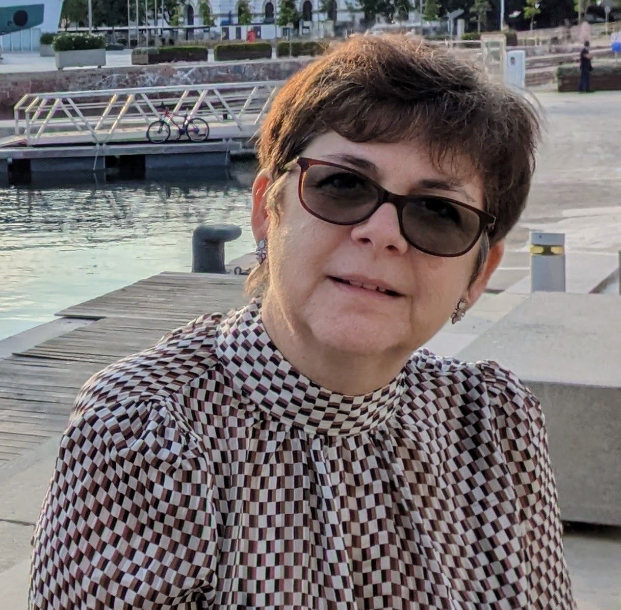 Woman wearing sunglasses and checkered blouse sitting by a waterfront with docks and bicycles in the background.